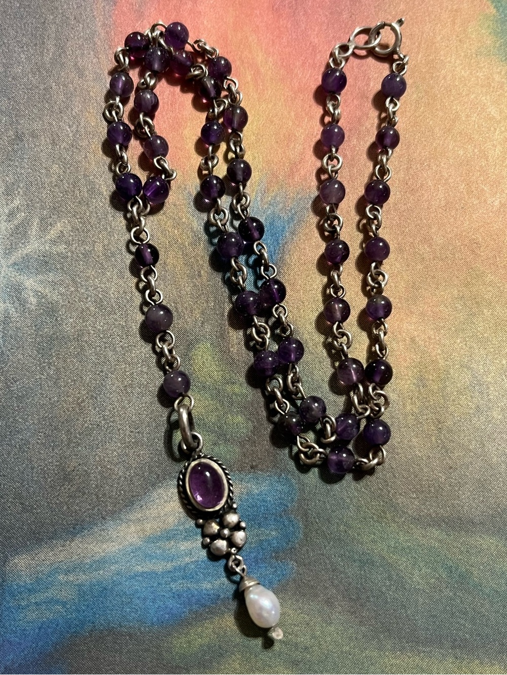 Vintage Sterling Silver Amethyst Freshwater Pearl Beaded Necklace